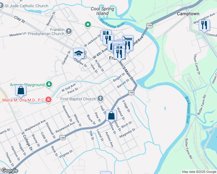 map of restaurants, bars, coffee shops, grocery stores, and more near 400 Barrett Street in Franklin