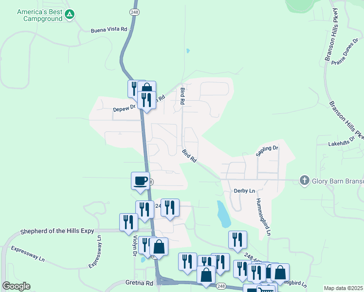 map of restaurants, bars, coffee shops, grocery stores, and more near 1998 Bird Road in Branson