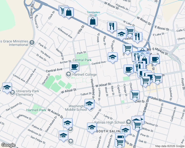map of restaurants, bars, coffee shops, grocery stores, and more near 117 Homestead Avenue in Salinas