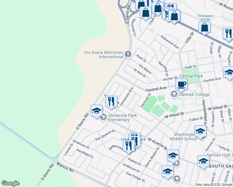 map of restaurants, bars, coffee shops, grocery stores, and more near 701 Cornell Avenue in Salinas