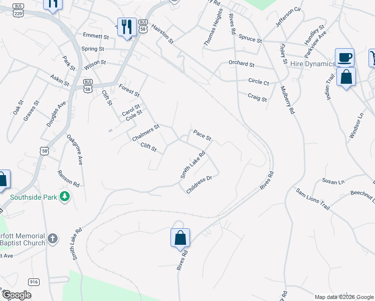 map of restaurants, bars, coffee shops, grocery stores, and more near 701 Forest Street in Martinsville