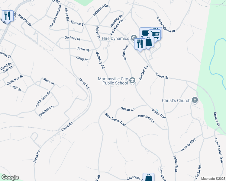 map of restaurants, bars, coffee shops, grocery stores, and more near 921 Mulberry Road in Martinsville