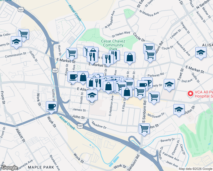 map of restaurants, bars, coffee shops, grocery stores, and more near 41 North Pearl Street in Salinas