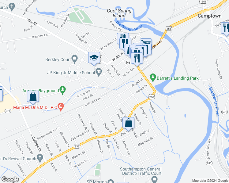 map of restaurants, bars, coffee shops, grocery stores, and more near 404 West 1st Avenue in Franklin