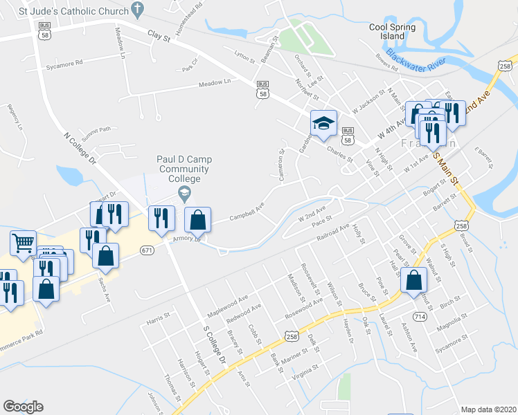 map of restaurants, bars, coffee shops, grocery stores, and more near 727 Campbell Avenue in Franklin
