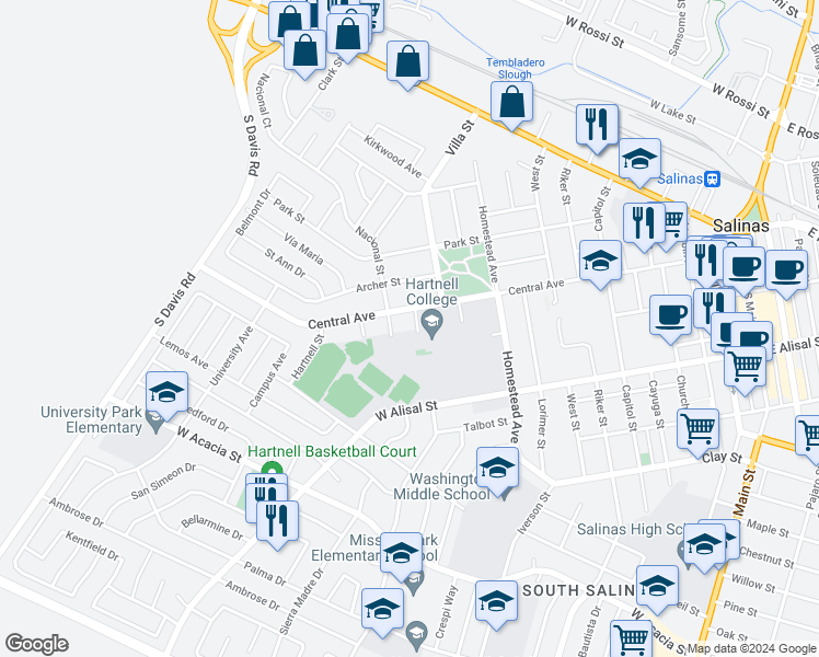 map of restaurants, bars, coffee shops, grocery stores, and more near 411 Central Avenue in Salinas
