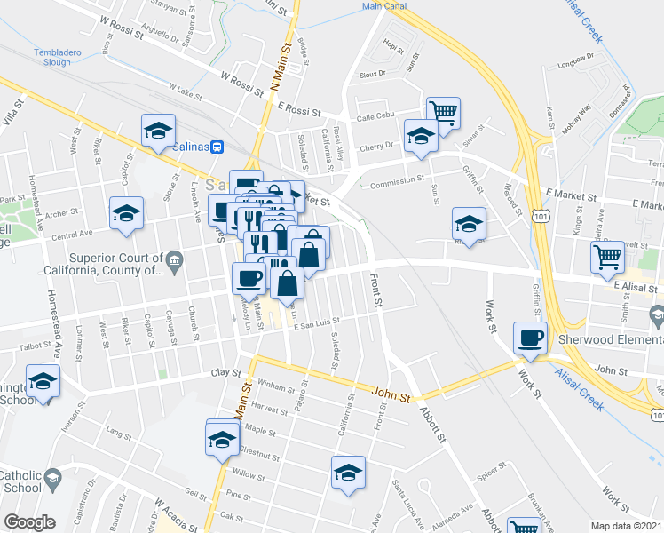 map of restaurants, bars, coffee shops, grocery stores, and more near 127 East Alisal Street in Salinas