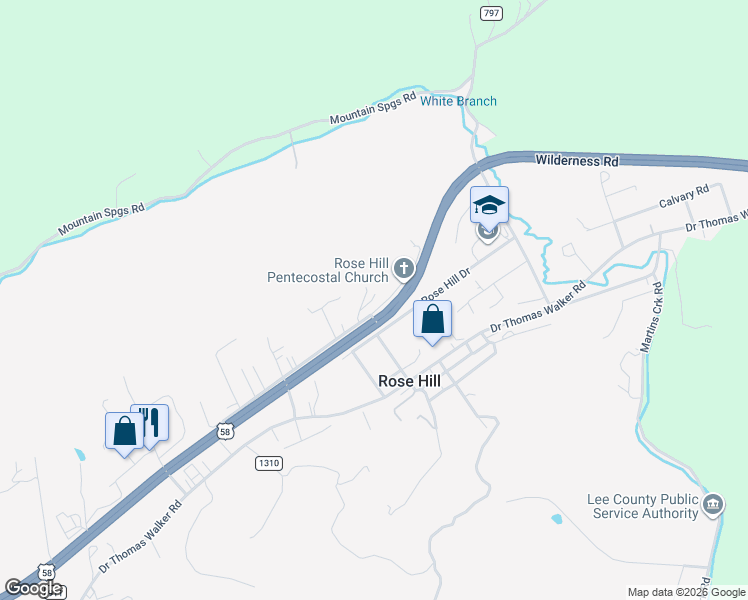 map of restaurants, bars, coffee shops, grocery stores, and more near 621 Highpoint Road in Rose Hill
