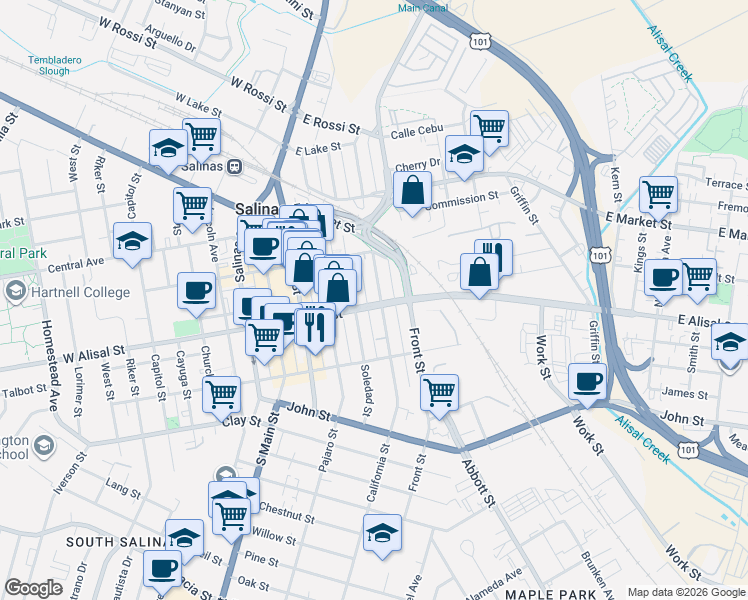 map of restaurants, bars, coffee shops, grocery stores, and more near 137 East Alisal Street in Salinas
