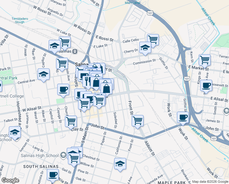 map of restaurants, bars, coffee shops, grocery stores, and more near 127 East Alisal Street in Salinas
