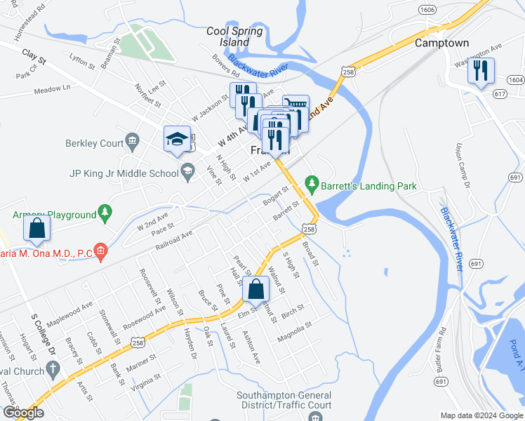 map of restaurants, bars, coffee shops, grocery stores, and more near 200 South High Street in Franklin
