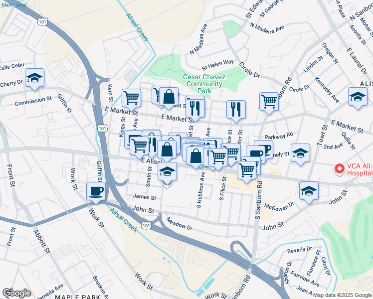 map of restaurants, bars, coffee shops, grocery stores, and more near 41 North Pearl Street in Salinas