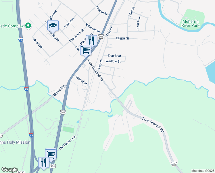 map of restaurants, bars, coffee shops, grocery stores, and more near Low Ground Road in Emporia