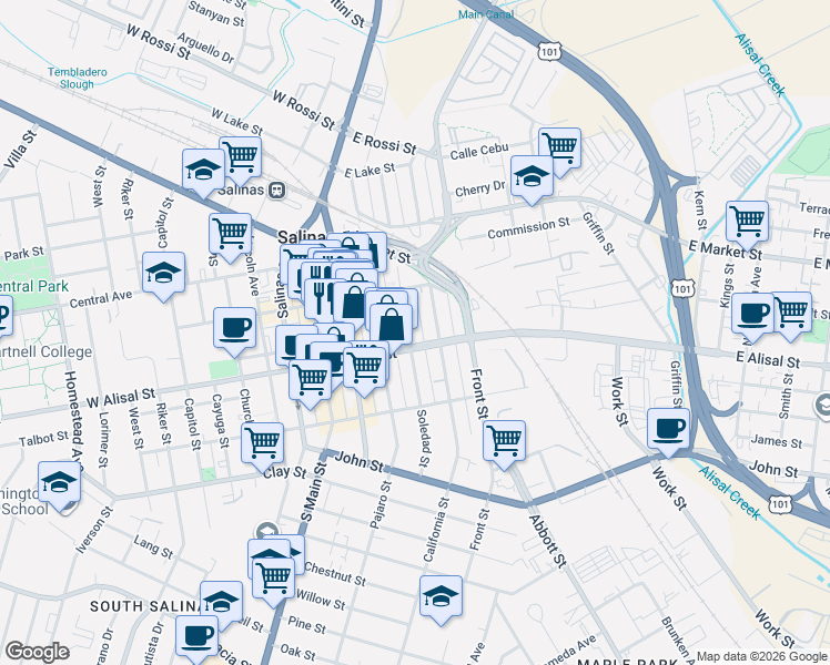 map of restaurants, bars, coffee shops, grocery stores, and more near 231 Soledad Street in Salinas