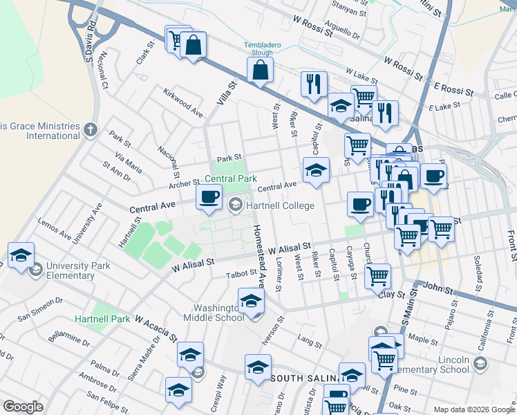map of restaurants, bars, coffee shops, grocery stores, and more near 117 Homestead Avenue in Salinas