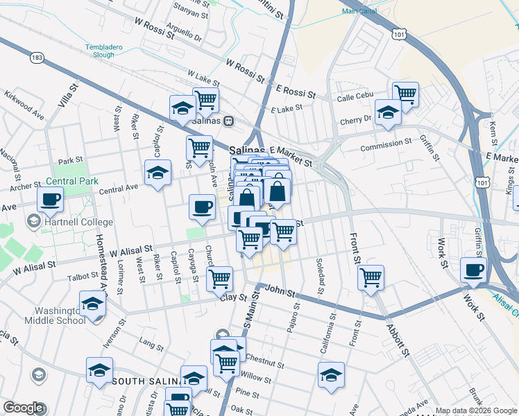 map of restaurants, bars, coffee shops, grocery stores, and more near 231 Main Street in Salinas