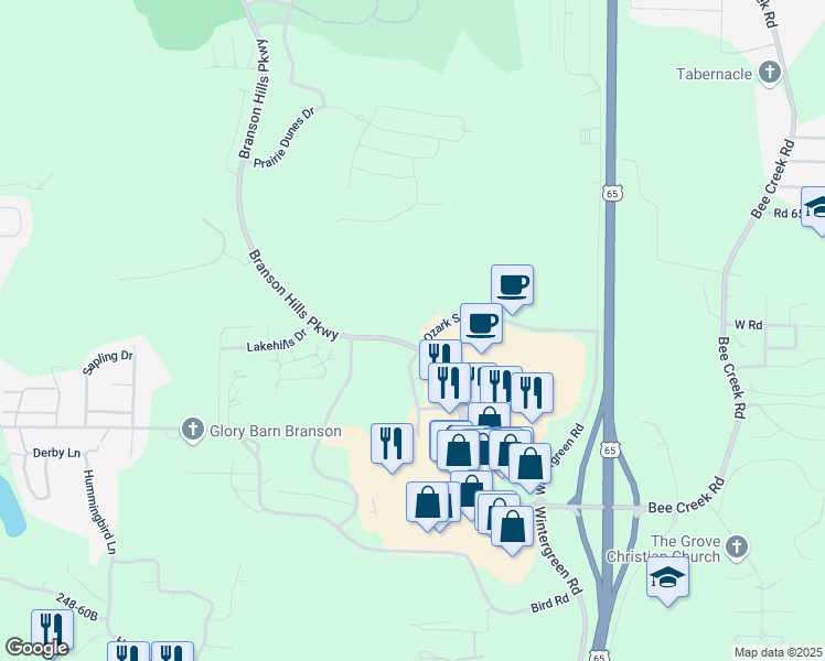 map of restaurants, bars, coffee shops, grocery stores, and more near 1232 Branson Hills Parkway in Branson