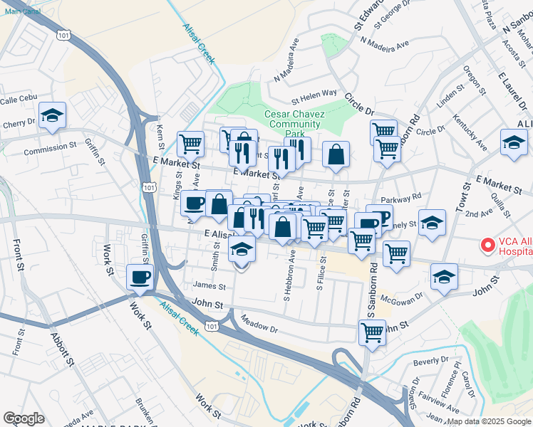 map of restaurants, bars, coffee shops, grocery stores, and more near 41 North Pearl Street in Salinas