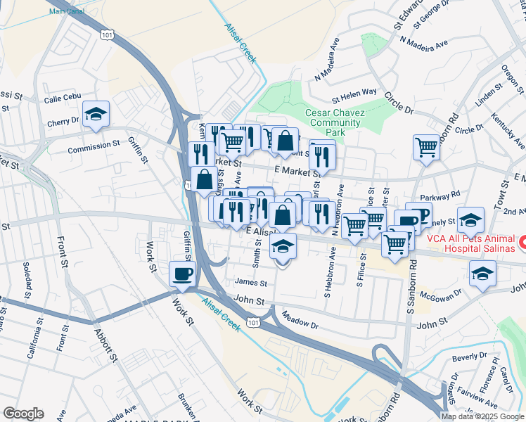 map of restaurants, bars, coffee shops, grocery stores, and more near 526 Roosevelt Street in Salinas