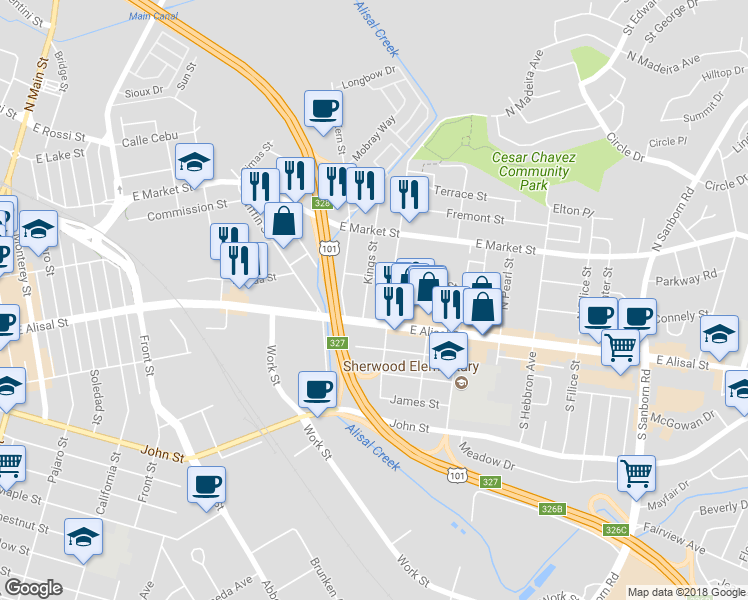 map of restaurants, bars, coffee shops, grocery stores, and more near 322 Kings Street in Salinas