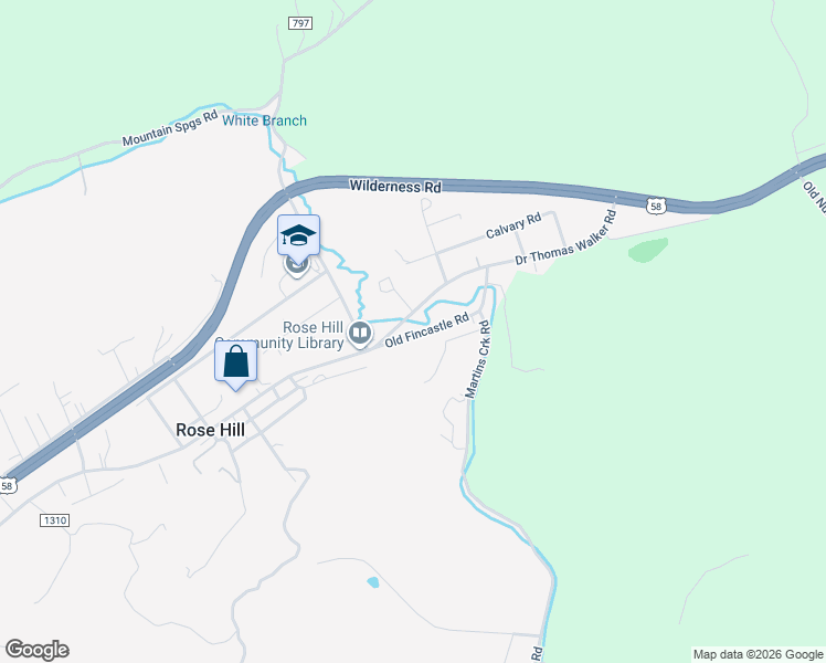 map of restaurants, bars, coffee shops, grocery stores, and more near Old Fincastle Road in Rose Hill