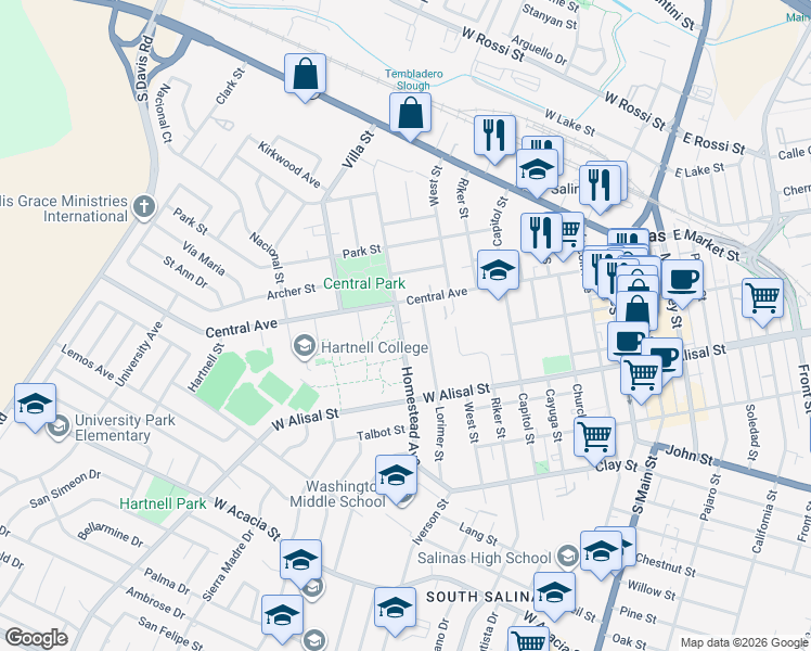 map of restaurants, bars, coffee shops, grocery stores, and more near 117 Homestead Avenue in Salinas