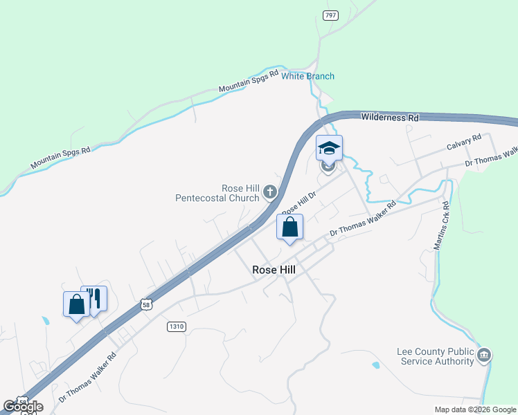 map of restaurants, bars, coffee shops, grocery stores, and more near 621 Highpoint Road in Rose Hill