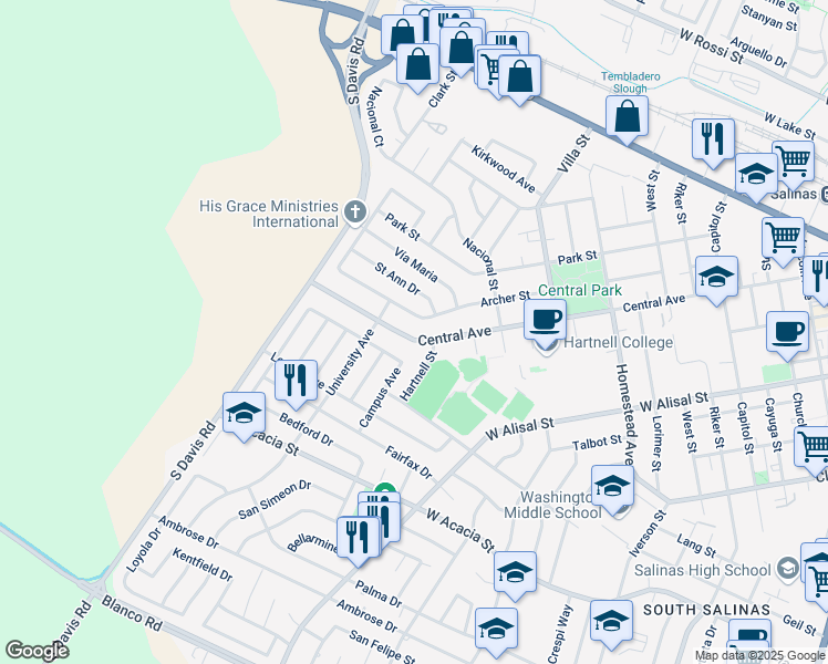 map of restaurants, bars, coffee shops, grocery stores, and more near 762 Central Avenue in Salinas