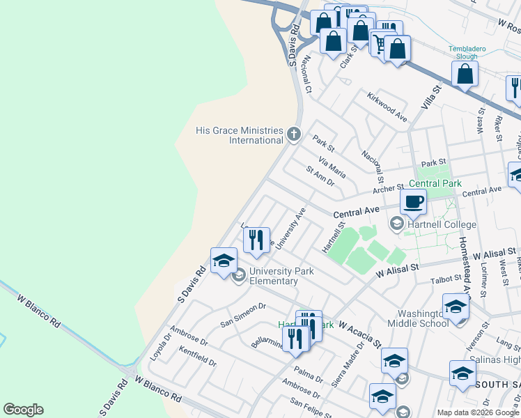 map of restaurants, bars, coffee shops, grocery stores, and more near 643 Columbia Avenue in Salinas