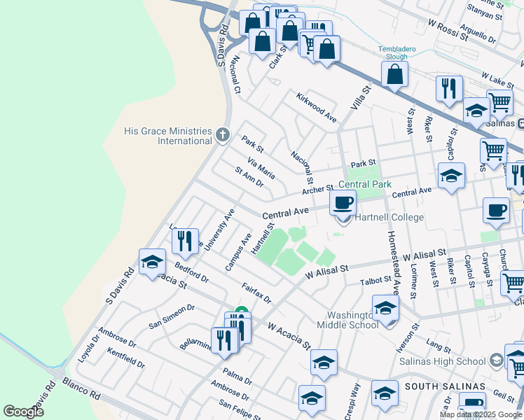 map of restaurants, bars, coffee shops, grocery stores, and more near 766 Central Avenue in Salinas