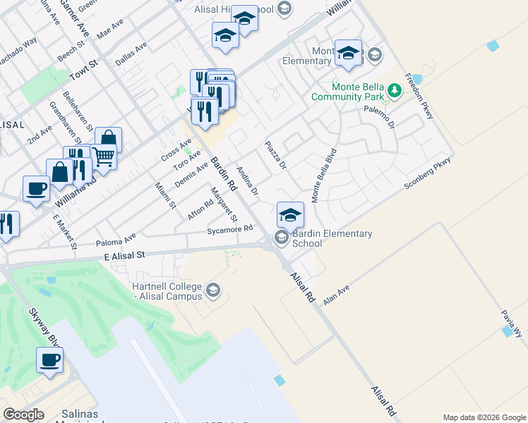 map of restaurants, bars, coffee shops, grocery stores, and more near 8 Argentine Circle in Salinas
