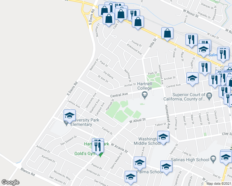 map of restaurants, bars, coffee shops, grocery stores, and more near 632 Central Avenue in Salinas