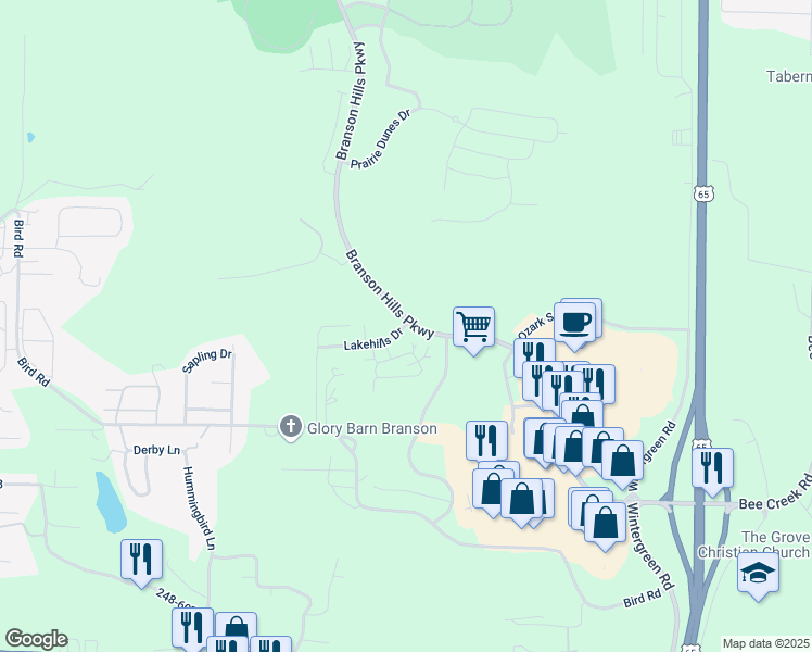 map of restaurants, bars, coffee shops, grocery stores, and more near 1232 Branson Hills Parkway in Branson