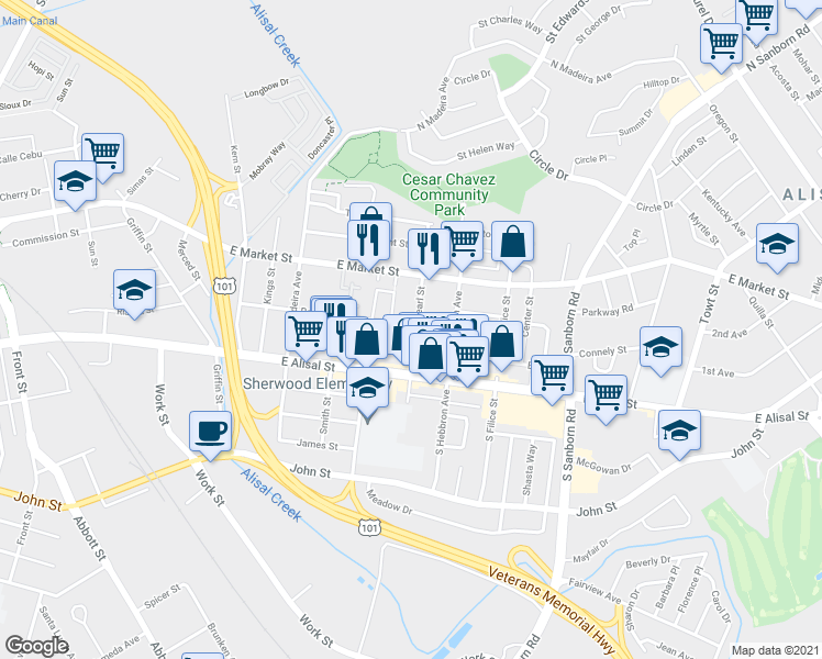 map of restaurants, bars, coffee shops, grocery stores, and more near 41 N Pearl St in Salinas