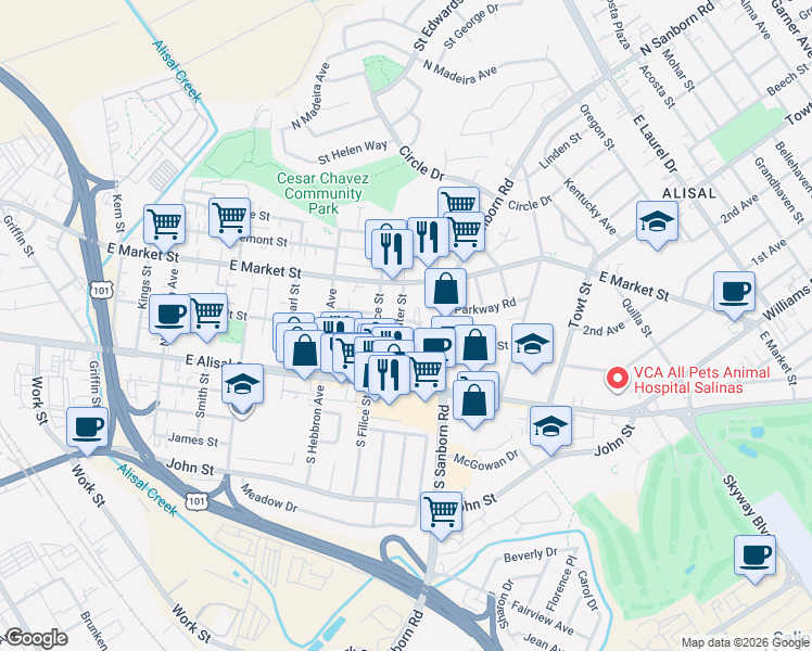 map of restaurants, bars, coffee shops, grocery stores, and more near 30 Center Street in Salinas