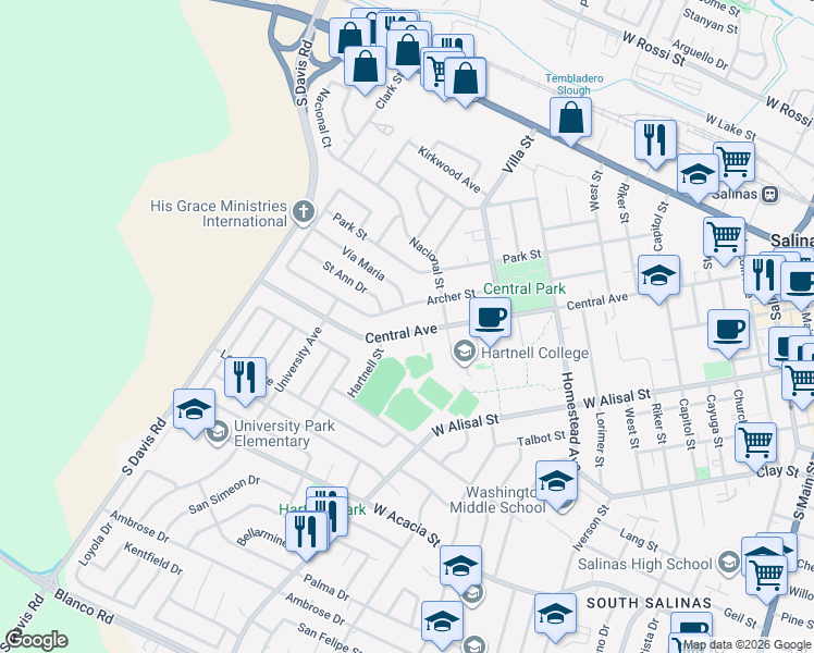 map of restaurants, bars, coffee shops, grocery stores, and more near 632 Central Avenue in Salinas