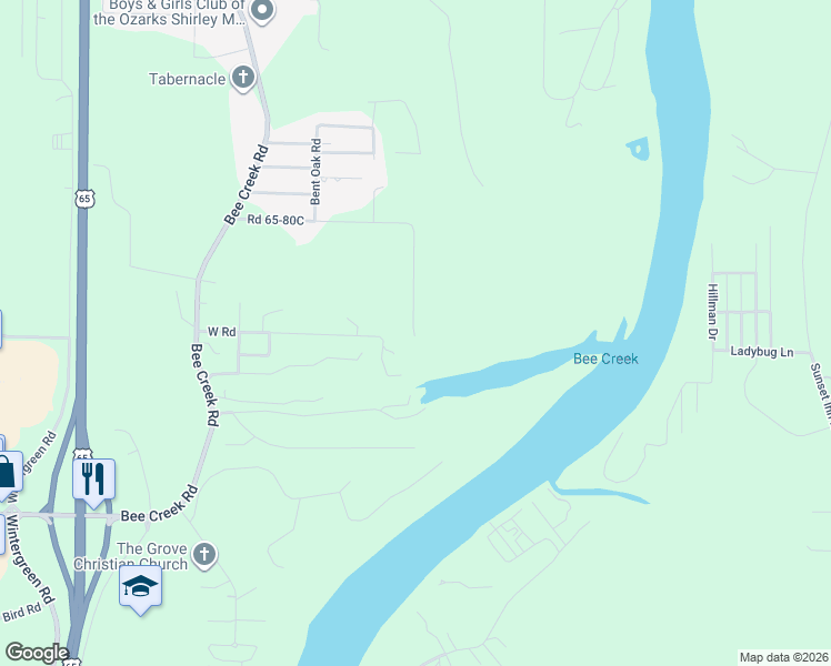 map of restaurants, bars, coffee shops, grocery stores, and more near 704 Road 65-80C in Branson