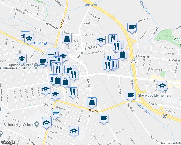 map of restaurants, bars, coffee shops, grocery stores, and more near 245 Front Street in Salinas