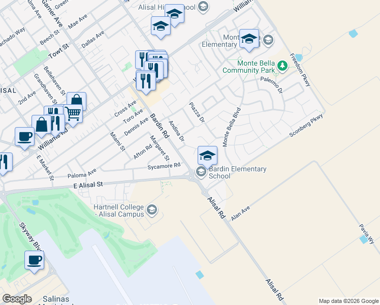 map of restaurants, bars, coffee shops, grocery stores, and more near 8 Argentine Circle in Salinas