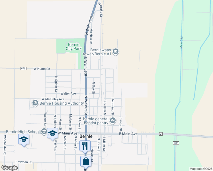 map of restaurants, bars, coffee shops, grocery stores, and more near 609 North Miller Street in Bernie