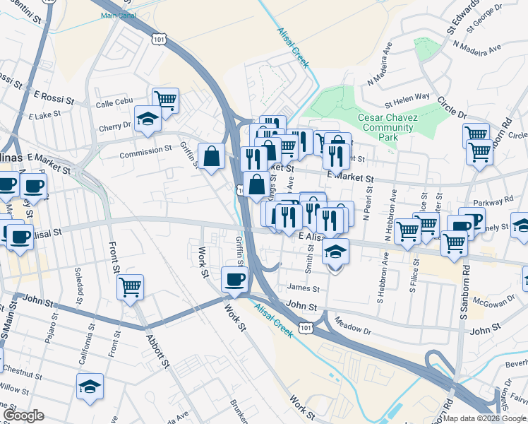 map of restaurants, bars, coffee shops, grocery stores, and more near 322 Kings Street in Salinas
