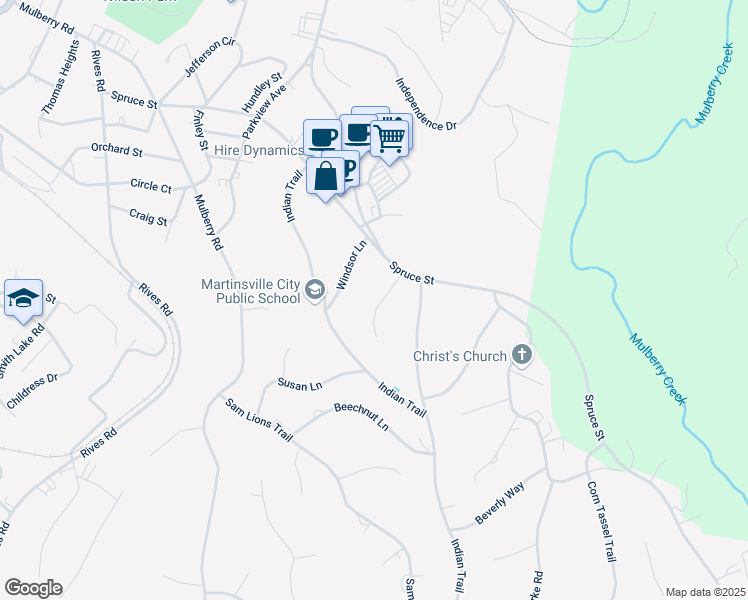 map of restaurants, bars, coffee shops, grocery stores, and more near 710 Auburn Place in Martinsville