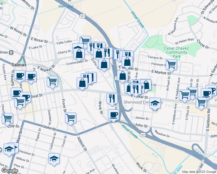 map of restaurants, bars, coffee shops, grocery stores, and more near 260 Griffin Street in Salinas