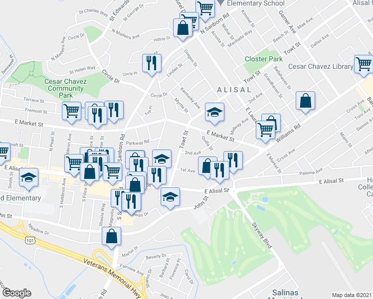 map of restaurants, bars, coffee shops, grocery stores, and more near 1213 2nd Avenue in Salinas