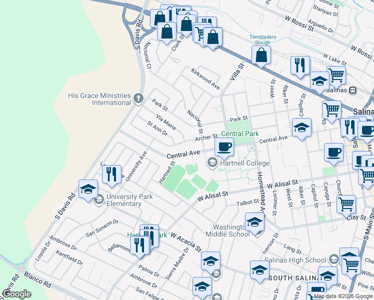 map of restaurants, bars, coffee shops, grocery stores, and more near 632 Central Avenue in Salinas
