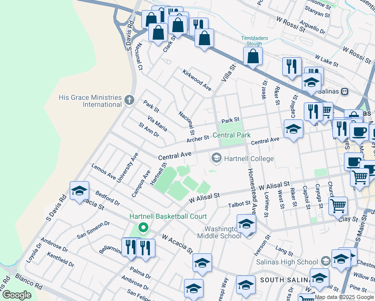 map of restaurants, bars, coffee shops, grocery stores, and more near 612 Central Avenue in Salinas