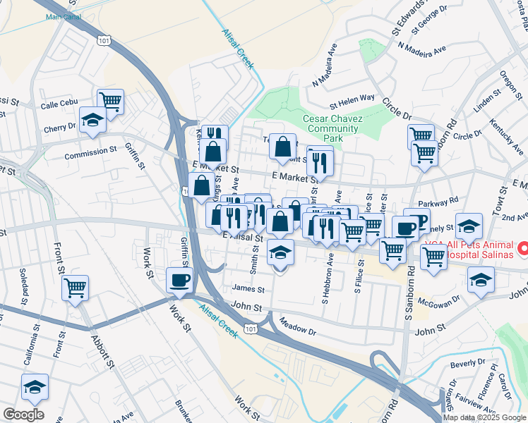 map of restaurants, bars, coffee shops, grocery stores, and more near 526 Roosevelt Street in Salinas