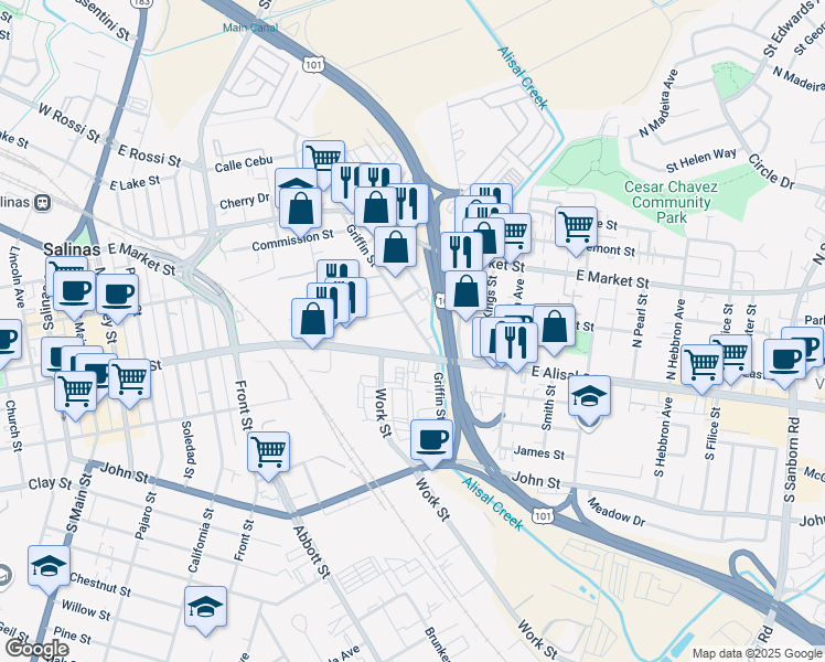 map of restaurants, bars, coffee shops, grocery stores, and more near 260 Griffin Street in Salinas