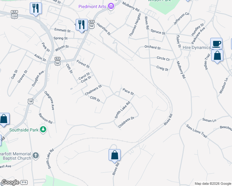 map of restaurants, bars, coffee shops, grocery stores, and more near 701 Forest Street in Martinsville