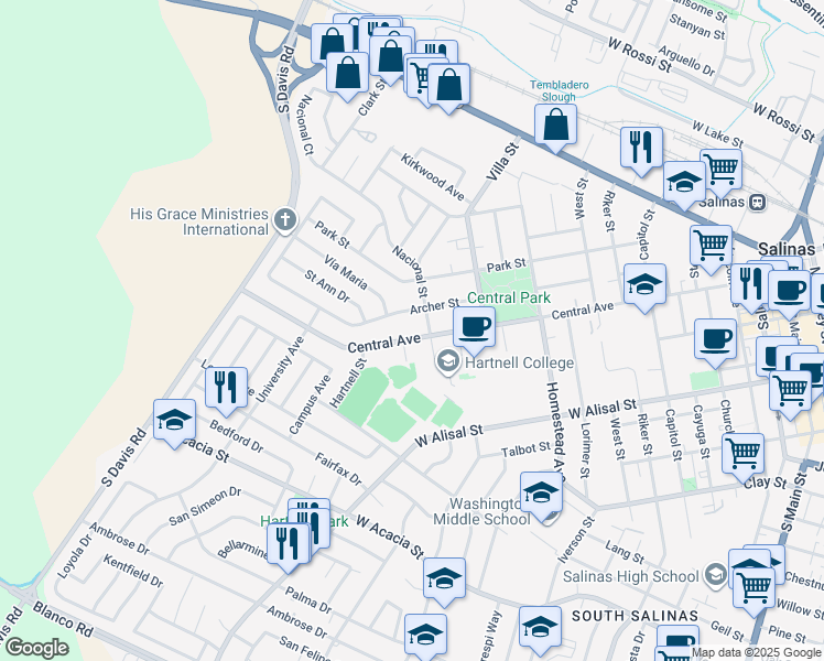 map of restaurants, bars, coffee shops, grocery stores, and more near 612 Central Avenue in Salinas